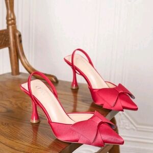 Red Satin Heels with Bow Detail